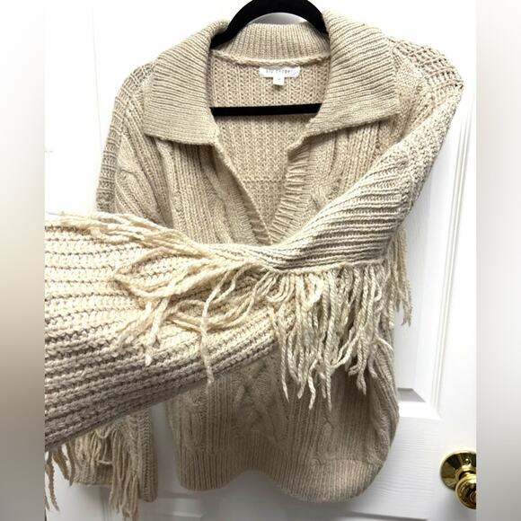 Blu Pepper Fringe Sweater, V Neck, Tan, Cropped to Waist, Size M - Picture 1 of 10